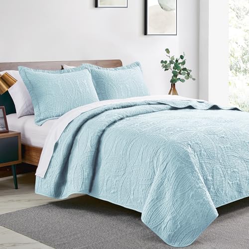 California King Quilt Set - 3-Piece Lightweight Spa Blue Bedspread Coverlet