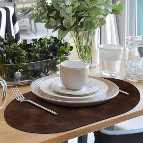 ADRIMER Coffee Oval Placemat Set of 12 - Wipeable Faux Leather, 17x12 inches