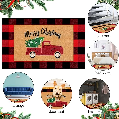 Christmas Door Mat Set with Plaid Rug - 2 Pieces, Holiday Welcome Mats