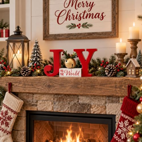Joy to the World Wooden Christmas Decor Sign with Bell, Farmhouse Red