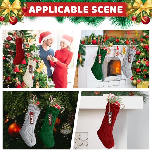 YOGINGO 2 Pack Personalized Christmas Stockings - 18 Inch Knitted Farmhouse Holiday Decor (Green + Ivory)