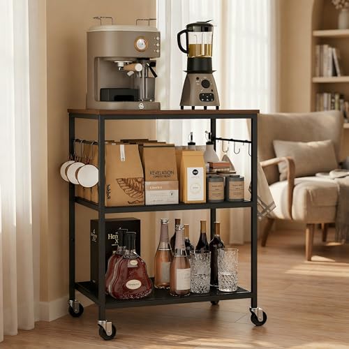 3-Tier Rolling Kitchen Utility Cart with Microwave Shelf and 6 Hooks