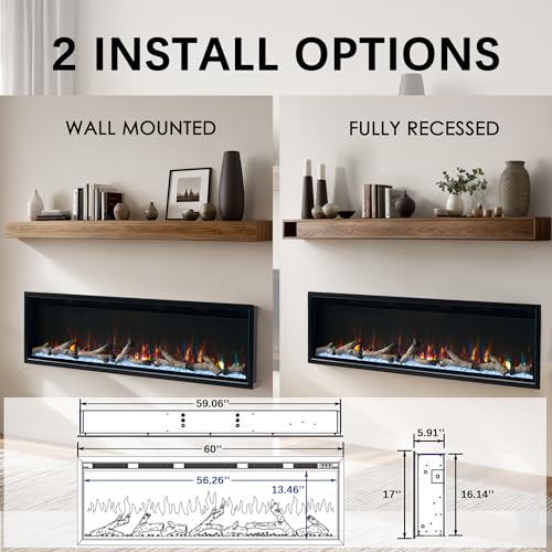 60 Inch Electric Fireplace Recessed Wall Mounted Heater with Thermostat