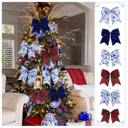 12-Piece Blue & White Plaid Christmas Bow Set with Chinoiserie Accents