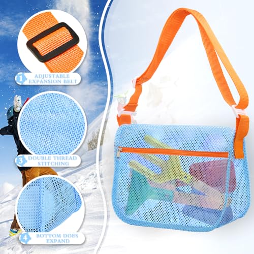 3-Pack Sandproof Mesh Beach Bags for Kids, Adjustable Seashell Collector