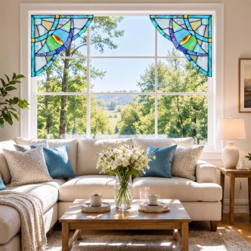 10x10 Inch Stained Glass Corner Panels Set - Blue and Green Suncatchers