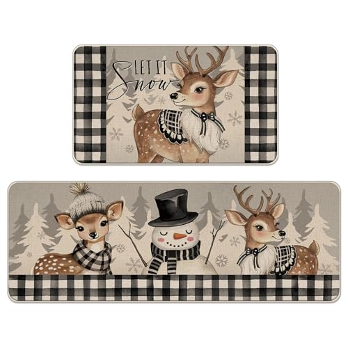 Winter Reindeer Snowman Kitchen Rugs Set of 2 Snowman Deer Variation - 17x29 & 17x47 Inches