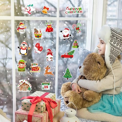 MARFOREVER 50 Pcs Christmas Window Gel Clings – Merry Christmas Design Kit