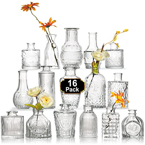 Clear Glass Bud Vases Set of 16 - Vintage Mini Vases for Table Centerpieces