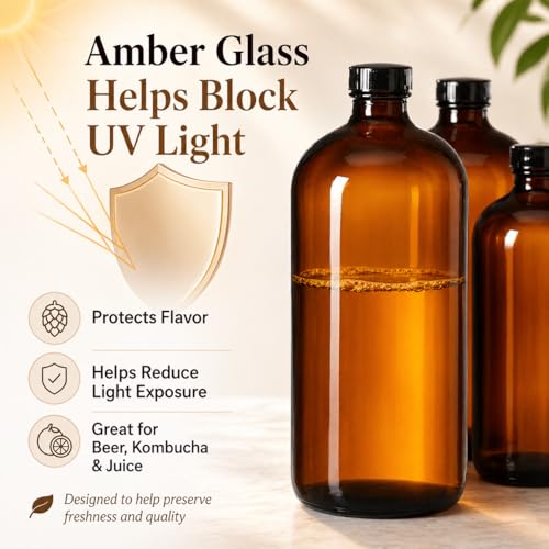 32oz Amber Glass Bottles with Airtight Lids for Home Brewing, Pack of 4