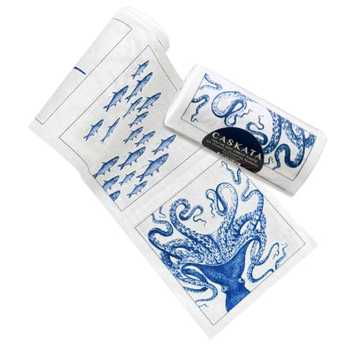 Caskata Coastal Cocktail Napkin Roll of 50, 4.5 x 4.5 Inches, Reusable Cotton, Blue & White, Set of 50