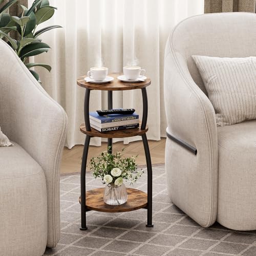 Yuede 11.8'' Rustic Brown 3-Tier Round Side Table for Small Spaces