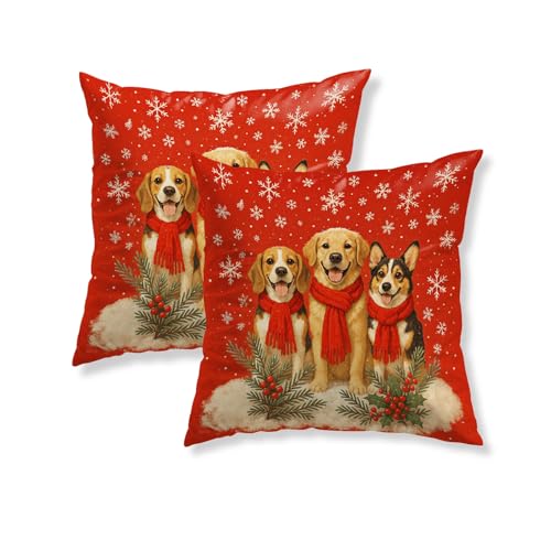 IVN Christmas Dog Trio Pillow Covers 18x18 Inch Set of 2 - Retrievers Holiday Decor