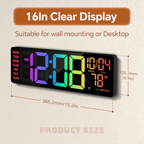 16-Inch RGB LED Digital Wall Clock with Bluetooth Sync, Remote & Dual Alarms