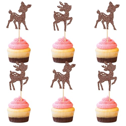Variation2: 24Pcs Glitter Brown Fawn Deer Cupcake Toppers Picks
