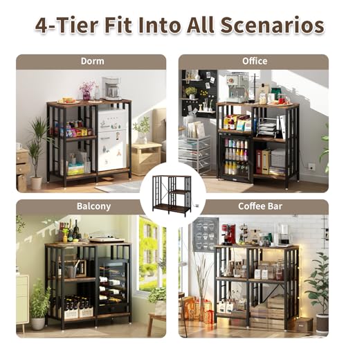 4-Tier Adjustable Kitchen Bakers Rack with Power Outlet and Storage Shelves