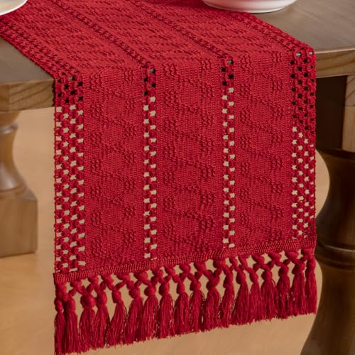 MLMW Boho Red Table Runner 12 x 48in Farmhouse Burlap, Dresser/Accent