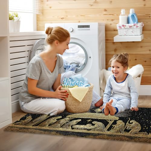 Christmas Nativity Runner Rug 47x20in with Non-Slip Backing, Jesus Manger Starry Night Decor for Laundry Room Entryway