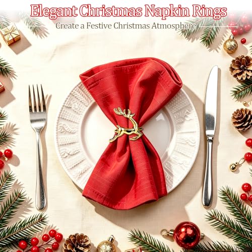 Legigo Christmas Gold Reindeer Napkin Rings – Set of 8, Deer Design, 1.58"