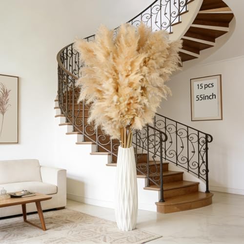55-Inch Tall Dried Pampas Grass – 15-Piece Fluffy Floral Bouquet for Boho Decor