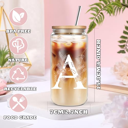 Personalized Monogram Glass Cup Gift Set with Lids, Straws & Floral Pattern - Gift Box Included