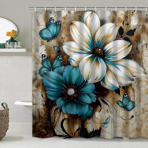 4-Piece Floral Shower Curtain and Bathroom Rug Set with Hooks