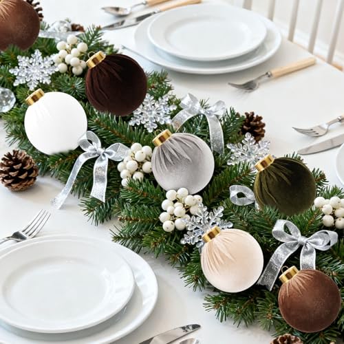 Shaxcoq 12-Pack Velvet Christmas Ornaments – 6 Color Neutral Velvet Ball Set with Ribbons