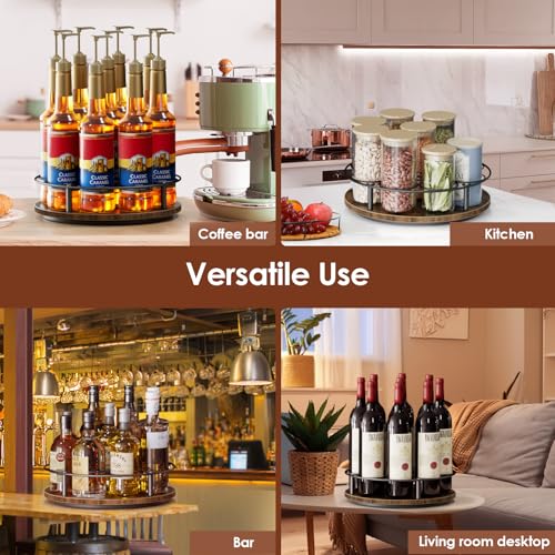 9-Bottle Rotating Coffee Syrup Rack, Carbon Steel and Wood Organizer
