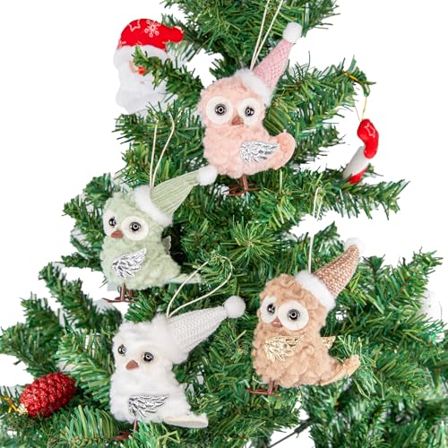 Berfutall 4-Pack Christmas Owl Ornaments - Pastel Plush Holiday Decor with Gold Star Topper