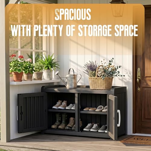Waterproof Shoe Storage Bench, Indoor Outdoor Cabinet with Adjustable Shelves