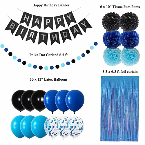 Blue and Black Birthday Party Decoration Kit with Banner, Balloons and Curtain