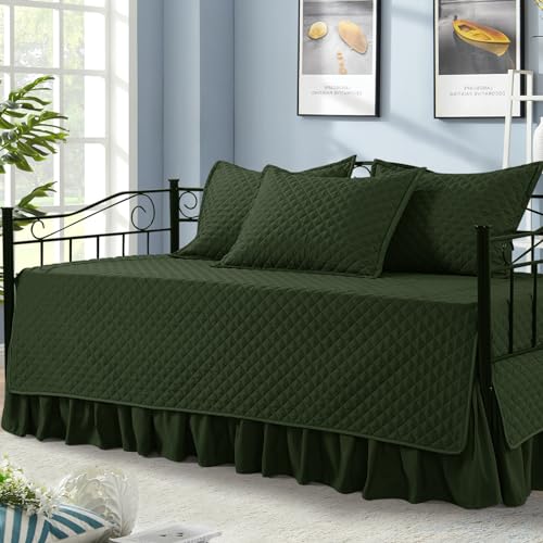 5-Piece Quilted Daybed Bedding Set with Bedskirt & Shams, Twin Size, Olive Green