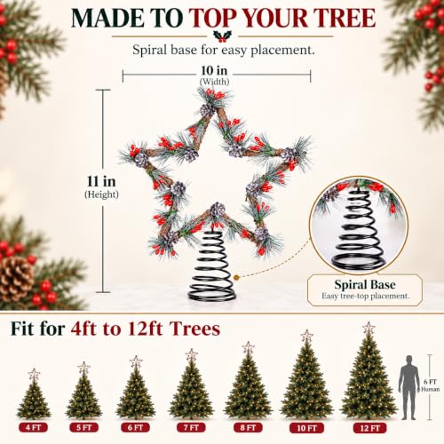 Rustic Christmas Tree Topper Star with Red Berries and Jute Rope - 3D Farmhouse Decor