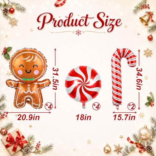 Gingerbread Man Candy Christmas Foil Balloons Set - 10PCS Holiday Party Decorations with Red Candy Cane & Lollipop Balloons