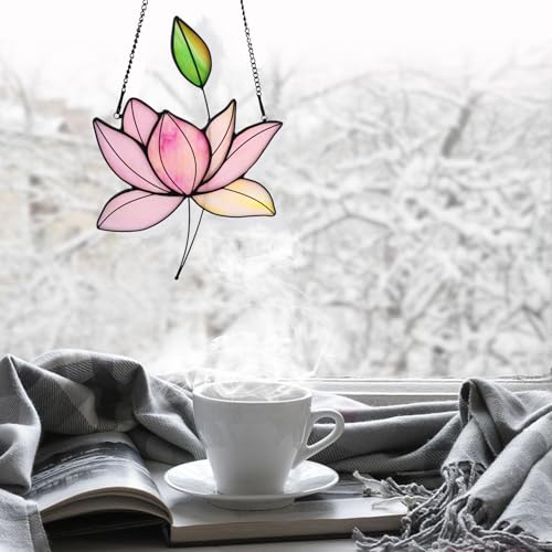 Handcrafted Pink Lotus Stained Glass Window Hanging Decor