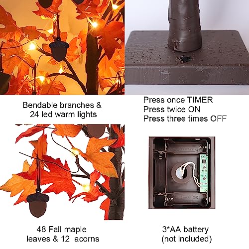 24 Inch Lighted Fall Maple Tree with 24 LEDs & 12 Wood Acorn Ornaments
