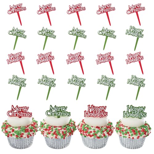 Holiday Tidings Christmas Cupcake Toppers - 24 Festive Food Safe Decorations