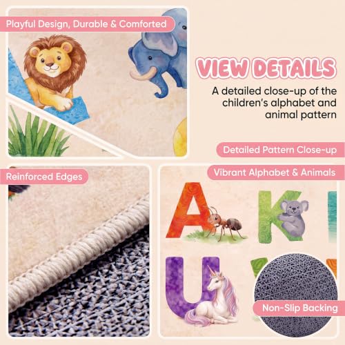 Alphabet Animal Classroom Rug 5 x 7 ft, Educational Play Carpet for Kids