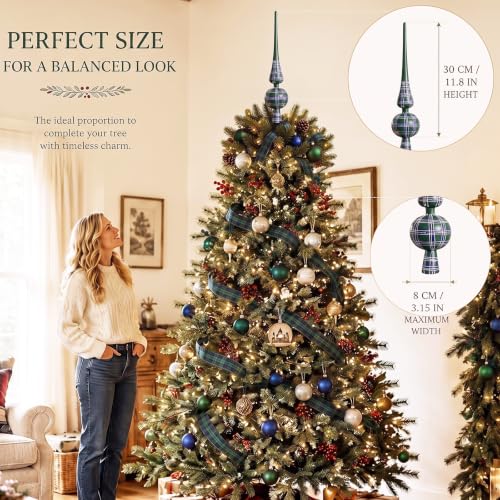 12'' Green Tartan Christmas Tree Topper Double Gourd Finial Ornament - Hand-Painted