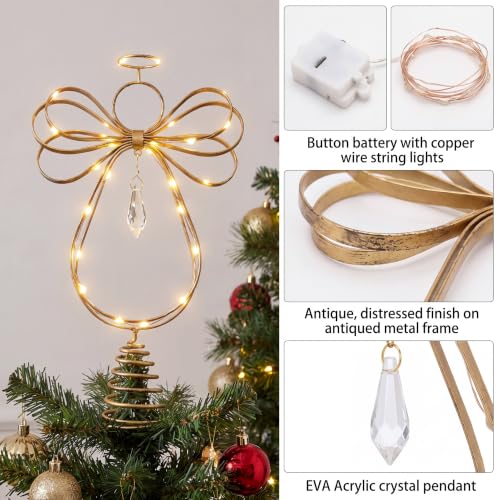 Skylety 10" Brass Angel Christmas Tree Topper with LED Halo