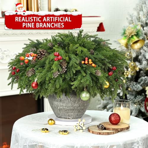 RHTRJ 24 Pcs Christmas Greenery Pine Cones Stems - Bendable Realistic Faux Pine Branches for Vase Garland Wreath