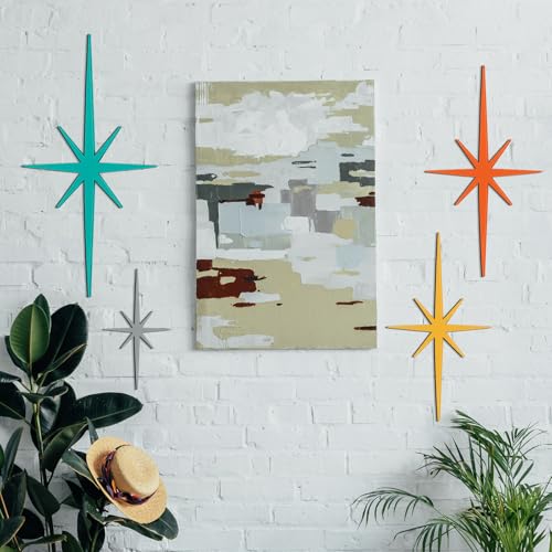 4-Piece Mid-Century Modern Starburst Wall Art, Retro Metal Atomic Stars