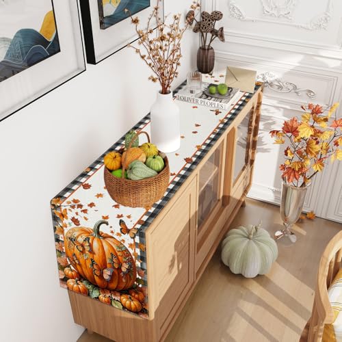 Jiudungs Fall Table Runner 13x72 Inches Autumn Thanksgiving Home Decor - Black, White, Orange