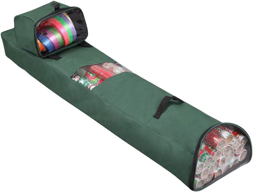 Primode Heavy Duty Christmas Gift Wrap Storage Bag - Long Wrapping Paper Organizer with Detachable Tote | 48" x 10" x 5" (Green)