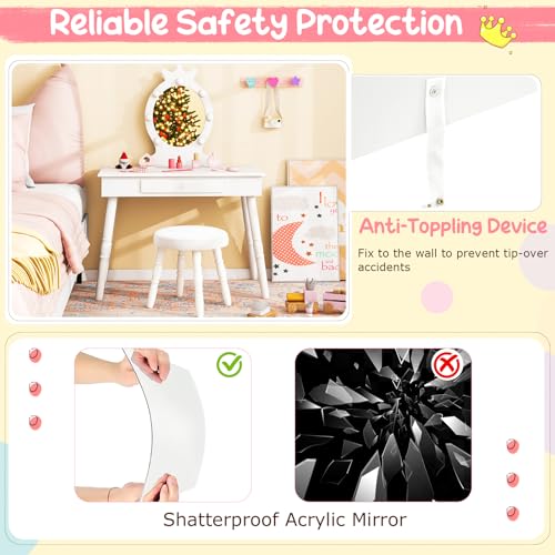 Kids Vanity Set with Lighted Mirror, Stool, and Drawer - Wooden Dressing Desk