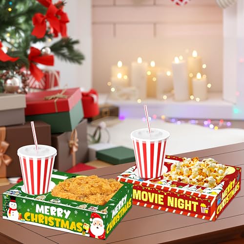 36PCS Christmas Snack Trays with Santa & Snowman Design - Holiday Party Supplies for Popcorn & Drinks