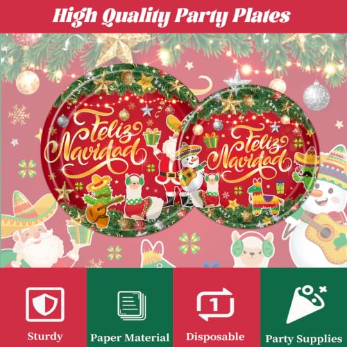 Deorfuy Feliz Navidad Spanish Christmas 96pc Dinnerware Set — 24 Plates, 24 Napkins, 24 Forks