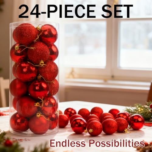 Napzy 24 pcs Red Christmas Ornaments Set - Shatterproof Tree Decorations
