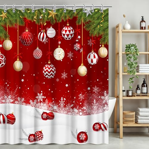 Red Christmas Shower Curtain 72x72 Inches Waterproof Fabric with Hooks