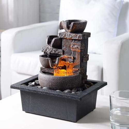 4-Tier Tabletop Indoor Water Fountain - Resin Rock Waterfall Decor